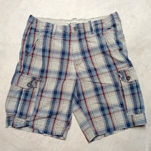 American Eagle Cargo Shorts Size 36 Plaid Longer Classic Length Distressed Y2K